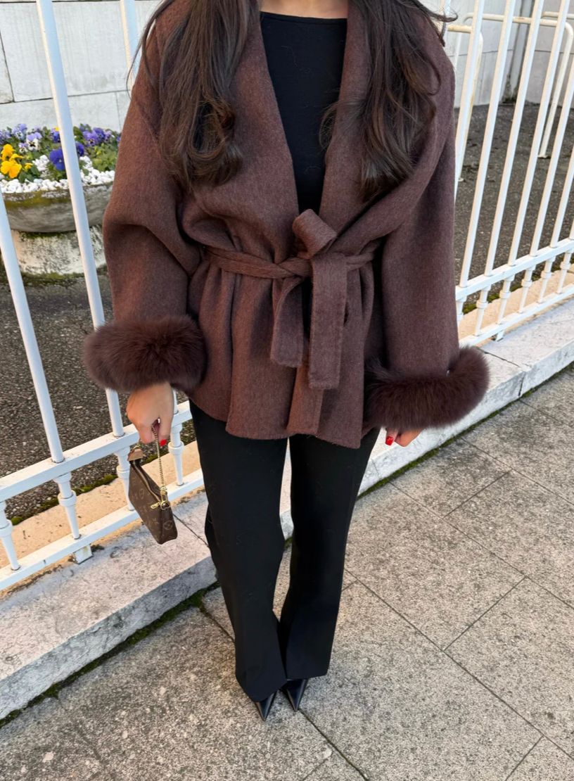 WOOLCOAT WITH FUR- DARK BROWN